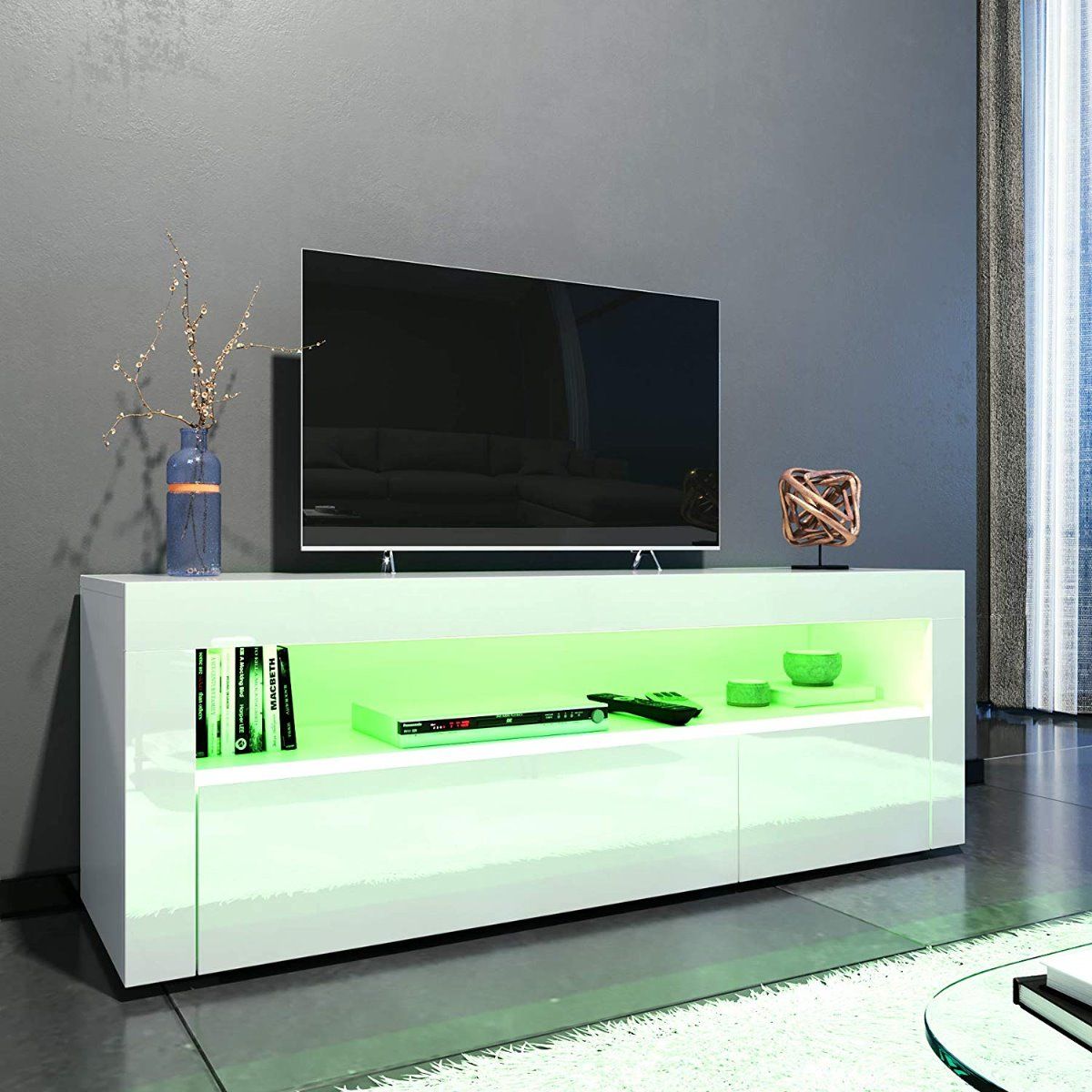 ELEGANT 1350mm Gloss White Modern Multi-Colour LED TV Unit Stand (Up to 52  Inches TV)