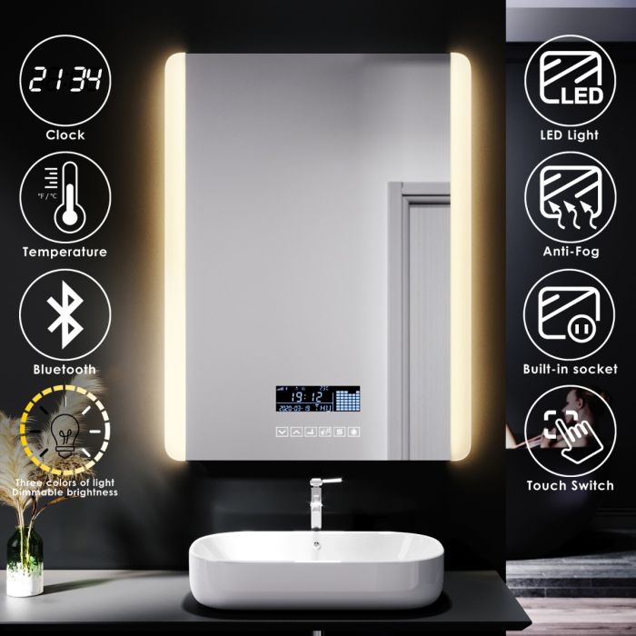 ELEGANT 600X800mm Bathroom LED Illuminated Mirror with Anti-fog Touch  Bluetooth Shaver Socket Time